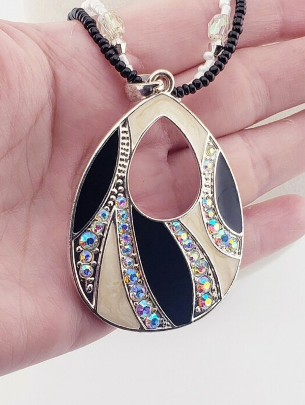 Black & Silver AB Rhinestones & Enamel Teardrop Pendant Necklace & Earrings Set